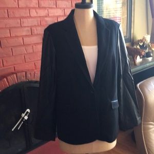 Chico’s black blazer with faux leather sleeves